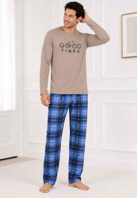 Pijama barbati Serena cu maneca lunga si pantalon lung-Bej ,Engros